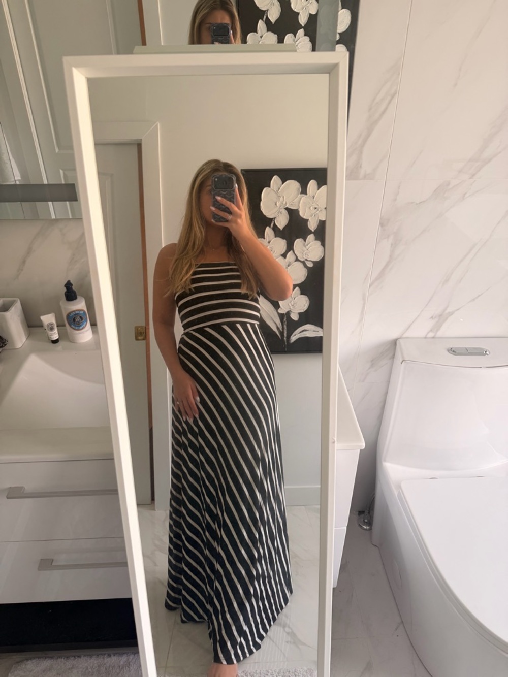 bebe Black and White Strapless Diagonal Stripe Maxi Dress